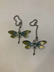 DRAGONFLY ANTIQUE SILVER GREEN CEILING FAN CHAIN LIGHT SWITCH PULL LARGE PAIR