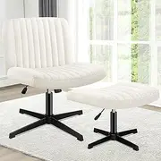 ALFORDSON Criss-Cross Desk Chair with Cross Leg Ottoman Stool, Xavi Series, Boucle Upholstery, Ergonomic Armless Office Chair with Channel-Tufted Mid-Back Design, 180kg Capacity, White