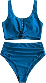[ZAFUL] Women's Two-Piece Tankini, Padded Bikini with Floral Pattern, Lace Up Tankini Top and High Waisted Bottoms, Swimsuit-Peacock