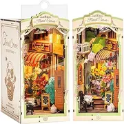 Rolife DIY Book Nook Kits for Adults, Miniature Dollhouse Booknook Kit for Home Room Decor, 3D Wooden Puzzle with LED, Flower Corner Creative Bookends Bookshelf Diorama Insert