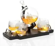 Don Vassie Globe Decanter Set 850ml with 4 Glasses and Wooden Tray Base with Gold Handles