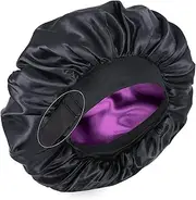 Silk Bonnet for Sleeping Double Layer Satin Bonnet Adjustable Bonnets for Black Women Sleep Cap Reversible Hair Bonnet for Curly Hair (Black and Purple)