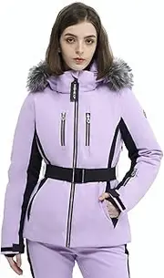 [HIGH EXPERIENCE] Women Ski Jacket Snowboard Fitted Slim Fit Short Snow Coat Belted Mountain Waterproof Insulated Warm Winter, Light Purple, Medium