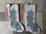 NWT Set of 2 Coastal Collection SEA TURTLE Beaded & Sequined Christmas Stocking