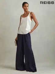 Reiss Navy Yara Satin Elasticated Waist Wide Leg Trousers (980145) | $240