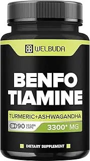 4in1 Benfotiamine 3300mg - Blended with Organic Turmeric Curcumin Root, Ashwagandha & Gymnema - Supports for Immune System, Digestion Health, Energy Production & Brain Health - 90 Capsules