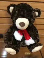 PLUSH DARK BROWN TEDDY BEAR WITH RED SCARF 16 IN NWOT