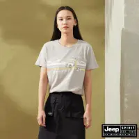 在飛比找momo購物網優惠-【JEEP】女裝 舒適休閒吉普車圖騰短袖T恤(淺卡其)