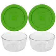 Pyrex (2) 7202 1 Cup Glass Bowls & (2) 7202-PC Lawn Green Lids