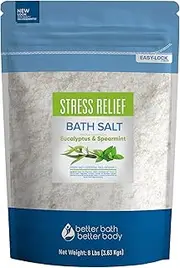 Stress Relief Bath Salt 128oz (8-Lbs) - Pure Epsom Salt With Eucalyptus & Spearmint Essential Oil To Relieve Stress - Vitamin C Crystals - Free Priority Shipping - All Natural Bath Soak