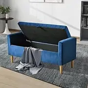 48 Inch Storage Bench Hardwood Frame Bed End Stool Ottoman Shoe Changing Stool Soft Close Lid with Security Hinges for Entryway, Bedroom, Living Room (Blue+Velvet)