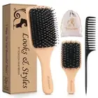 Hair Brush, 2 Pack Boar Bristle Paddle Hairbrush for Women Men Kids Reducing ...