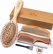 Natural Wood Hair Brush with Wooden Bristles Massage Scalp Comb and Peach Wood Beard Comb for Men and Women 3 pcs