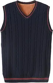 [SWJGLITTR] Men Cable Knitted Thick Pullover Vest V-Neck Slim Fit Sleeveless Sweater Slim Knit Wool Blended Vests, Navy Blue, 3X-Large