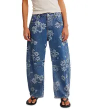 Free People Good Luck Printed Barrel Leg Jeans Laser Daisy