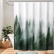 Drimzate Green Waterproof Weighted Shower Curtain for Bathroom,Twilight Forest Pattern, Nature Woodland Artistic Fabric Shower Curtains Set with Hooks, 180Wx200H