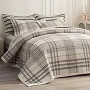 tohrisa Cotton Plaid Quilt Set, Ultra Soft 3 Pieces Queen Size Bedding with 2 Pillow Shams, Lightweight Reversible Coverlet Bedspread with Wave Quilting for Summer, 90"x96", Grid-Grey White