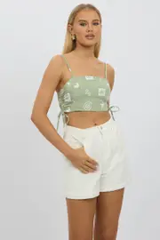 Green Abstract Crop Cami Top Side Ruched Linen Blend - Size 16XL, Women's Crop Top