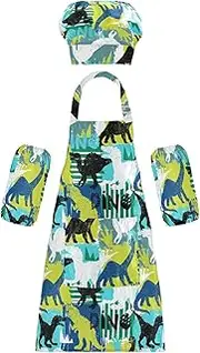AIXIWAWA Kids Apron Chef Hat Set, Child Kitchen Bib Aprons Adjustable for Cooking Baking Painting (Dinosaur Graffiti)