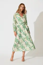 Eliza Maxi Dress Full Length Sleeve in White and Green Leaf Print 8