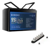 QUEENS 12V 1216Wh 100A Lithium Battery + Bus Bar M8 Power Distribution Terminal Block (6 GANG 300A Black)