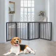 Portable Door Retractable Barrier 4 Panel Wooden Pet Fence, Grey, Pet Gate Indoo