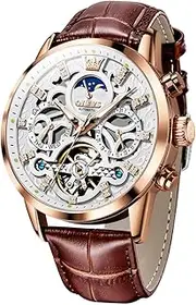 [OLEVS] Men Skeleton Watch Automatic Designer Luxury Mechanical Wrist Watches Brown Leather Dress Casual Moon Phase Luminous Waterproof