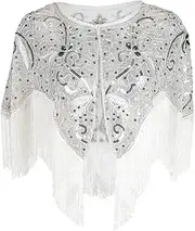 [HEYDHSDC] Black Women 1920S Flapper Embroidery Fringe Shawl Cover Up Party Beaded Sequin Cape Vintage Mesh Scraf Wraps for Dresses