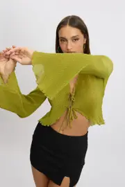 Green Tie Up Front Top Long Sleeve Textured - Size 6XXS, Women's Bolero