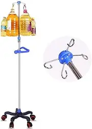 IV Stand, Portable IV Pole with Wheels, Medical Drip Stand with Handle and 4 Hooks, Height Adjustable