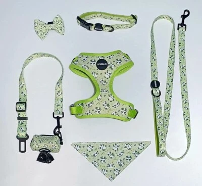 7 pieces: Harness, Leash, Collar, Poo Bag Holder, Bandana, Bowtie and Car Lead