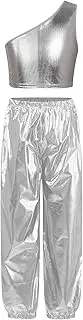 [Loodgao] Kids Girls Boys Hip Hop Dance Costumes Jazz Street Dance Outfits 2Pcs Shiny Metallic Crop Tops And Sparkle Pants