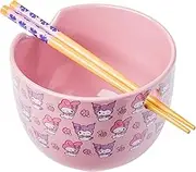 Silver Buffalo Sanrio My Melody and Kuromi Pastel Floral Pattern Ceramic Ramen Bowl with Chopsticks, 20 Ounces, Purple/Multi
