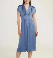 Anne Klein Blue Jay Washed Satin V-Neck Midi Dress Size 12 NWT