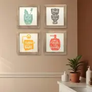 Set of Four Light Brown Wood Framed Square Bathroom Wall Art