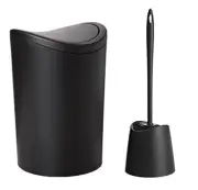 Small Black Plastic Bathroom Set- 3 qt Trash Can & Toilet Bowl Brush with Holder