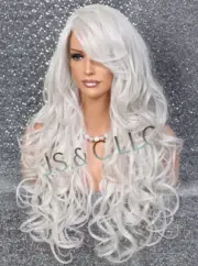 Human Hair Blend 28" Long Curly Full Wig Heat OK Light Grey Gray Bangs 60 RBBT