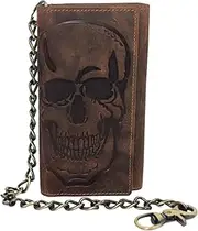[CAZORO] Biker Skull Chain Wallet RFID Signal Blocking Men's Vintage Leather Long Tri-fold Chain Checkbook Card ID Wallet, Skull Brown, Biker Chain Wallet