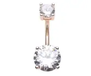 PRONG SET DOUBLE CZ GEM ROSE GOLD STEEL BELLY BUTTON NAVEL RING BARBELL