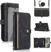 [Asuwish] Mobile Phone Case for Samsung Galaxy S24 5G Case with Strap Film Screen Protector Card Slot Foldable Leather Wallet Stand S 24 24S S24 Case Mobile Phone Cases Protective Zip Phone Case Black