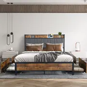 Levede Queen Bed Frame Industrial Tufted Soft Storage Drawers Headboard USB Charge