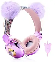 Kids Headphones Girls Cat Ears Headband 85dB Volume Limiting Adjustable on Ear Anime Wired Headphones with Microphone for School, Home, Travel Purple-Bear Ear