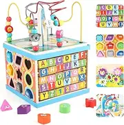 Qilay Wooden Activity Cube for Toddlers 1-3, 5 in 1 Multipurpose ABC-123 Abacus Early Educational Montessori Toys, Learning Toys for 1 2 3 Year Old | Bead Maze, First Birthday Gifts for Boys Girls