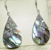 PRETTY!!! BALI LEGACY ABALONE SHELL DANGLE EARRINGS .925 STERLING SILVER