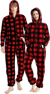 [Loiahoer] Unisex Adults Buffalo Plaid Onesie Pajamas Hooded Christmas PJS for Family Jumpsuit Thermal with Pockets Zipper