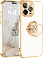 iPhone 15 Pro Case[with 360Rotatable Ring Holder Stand][Support Magnetic Car Mount][Shiny Plating Gold] Soft TPU Shockproof Protective Case White