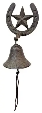 Rustic Cast Iron Wall Bell Outdoor with Star Horseshoe Accent - Farmhouse Vin...