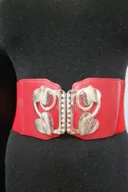 Fashionable Women's Red Elastic Belt with Silver Four-Heart & Rhinestone Buckle
