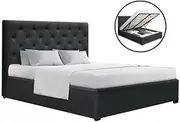 Artiss Double Bed Frame Platform Tufted Headboard Frames Gas Lift Beds Base with Storage Space Bedroom Room Decor Home Furniture, Upholstered with Charcoal Faux Linen Fabric + Foam + Wood