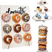 Wood Reusable Bagel Donut Stand, FHDUSRYO Wooden Donut Wall Stand and White Gold 3-Tier Cardboard Cupcake Stand for Wedding, Birthdays, Party